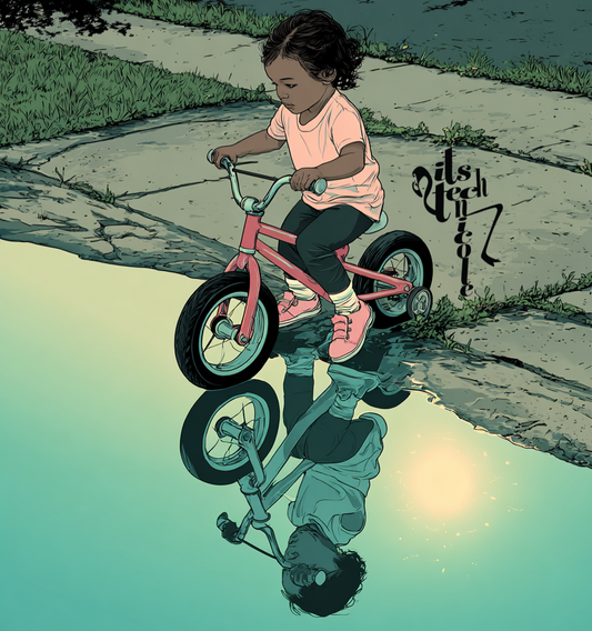 Kid, age 3, riding a tricycle through a puddle
